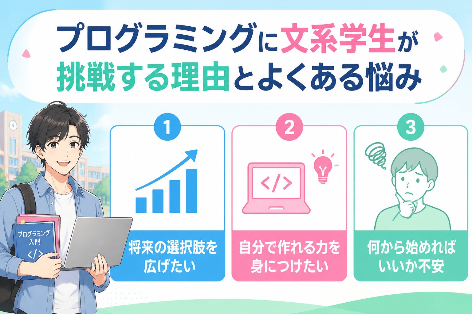 プログラミング学習 プログラミングに文系学生が挑戦する理由とよくある悩み