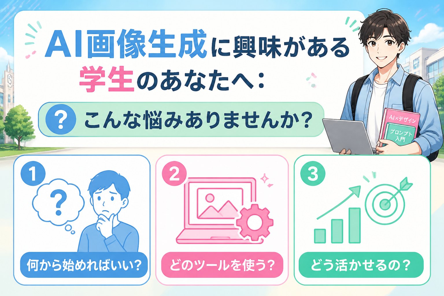 AI画像生成 AI画像生成に興味がある学生のあなたへ：こんな悩みありませんか？