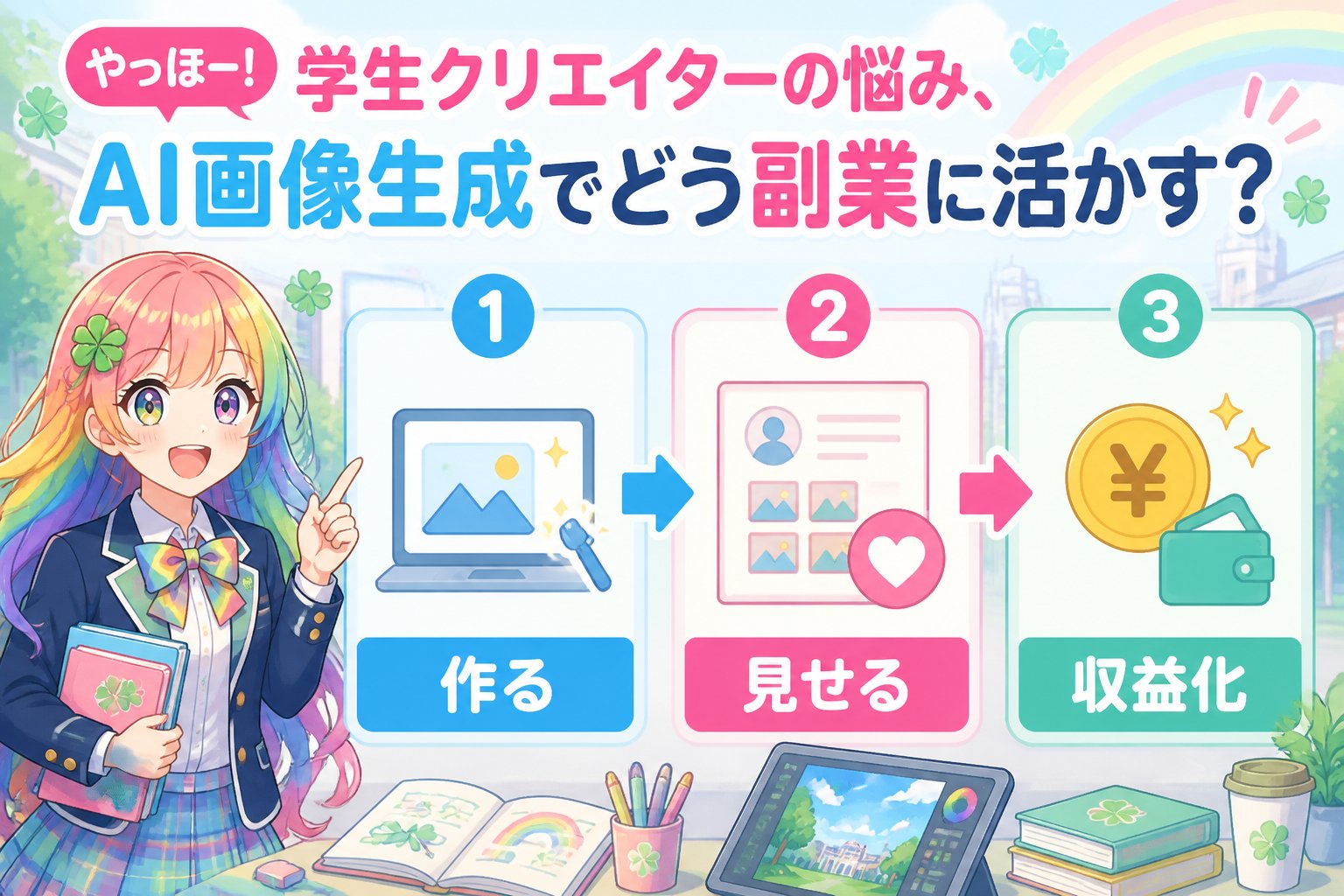 AI画像生成 やっほー！学生クリエイターの悩み、AI画像生成でどう副業に活かす？