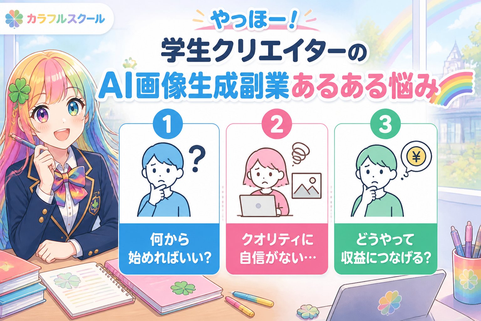AI画像生成 やっほー!学生クリエイターのAI画像生成副業あるある悩み🌈