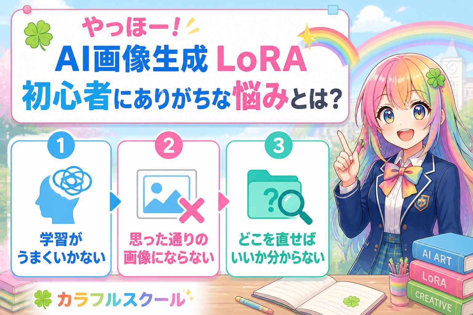 AI画像生成 やっほー!AI画像生成 LoRA初心者にありがちな悩みとは?🌈