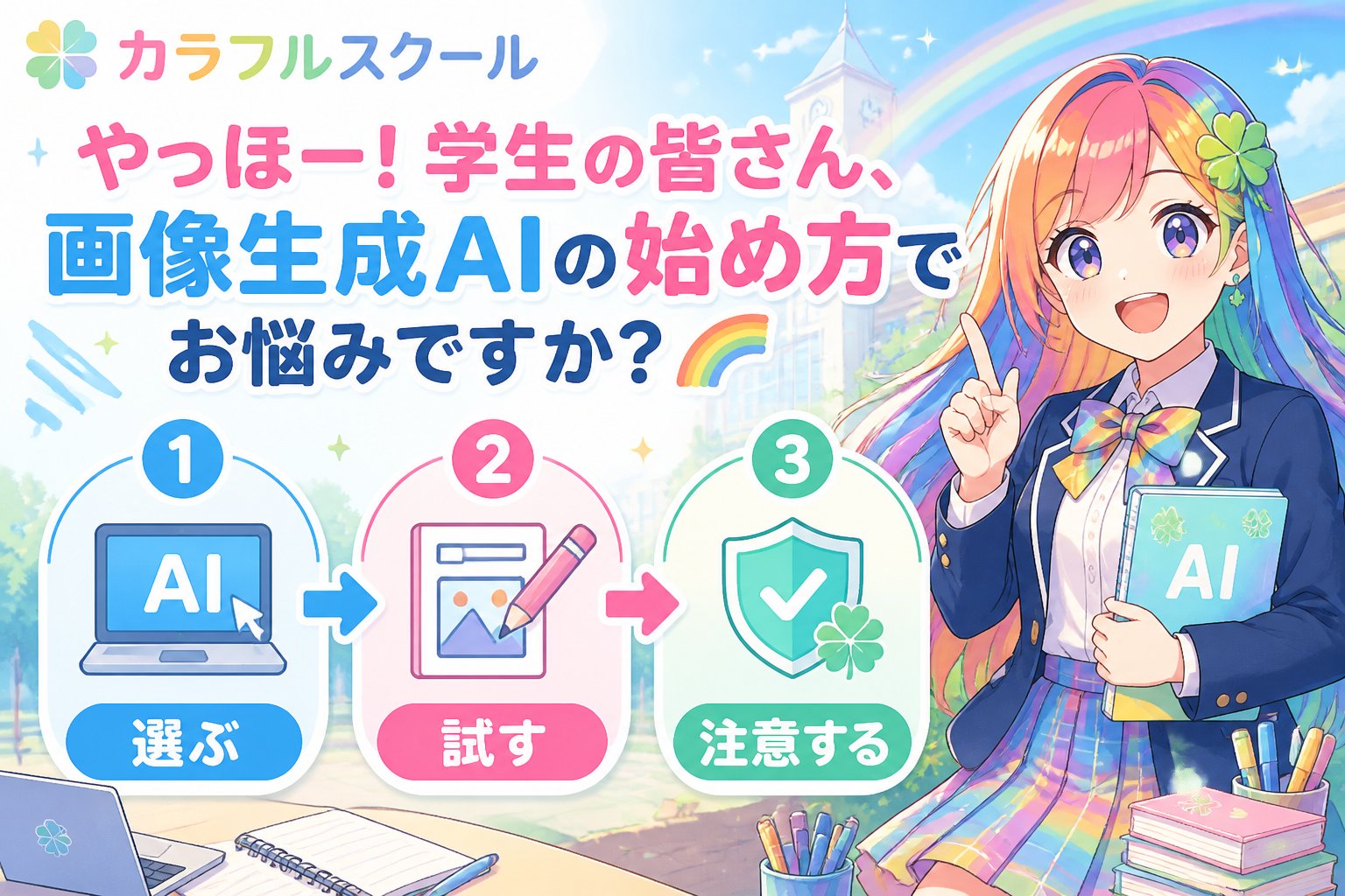 AI画像生成 やっほー！学生の皆さん、画像生成AIの始め方でお悩みですか？🌈