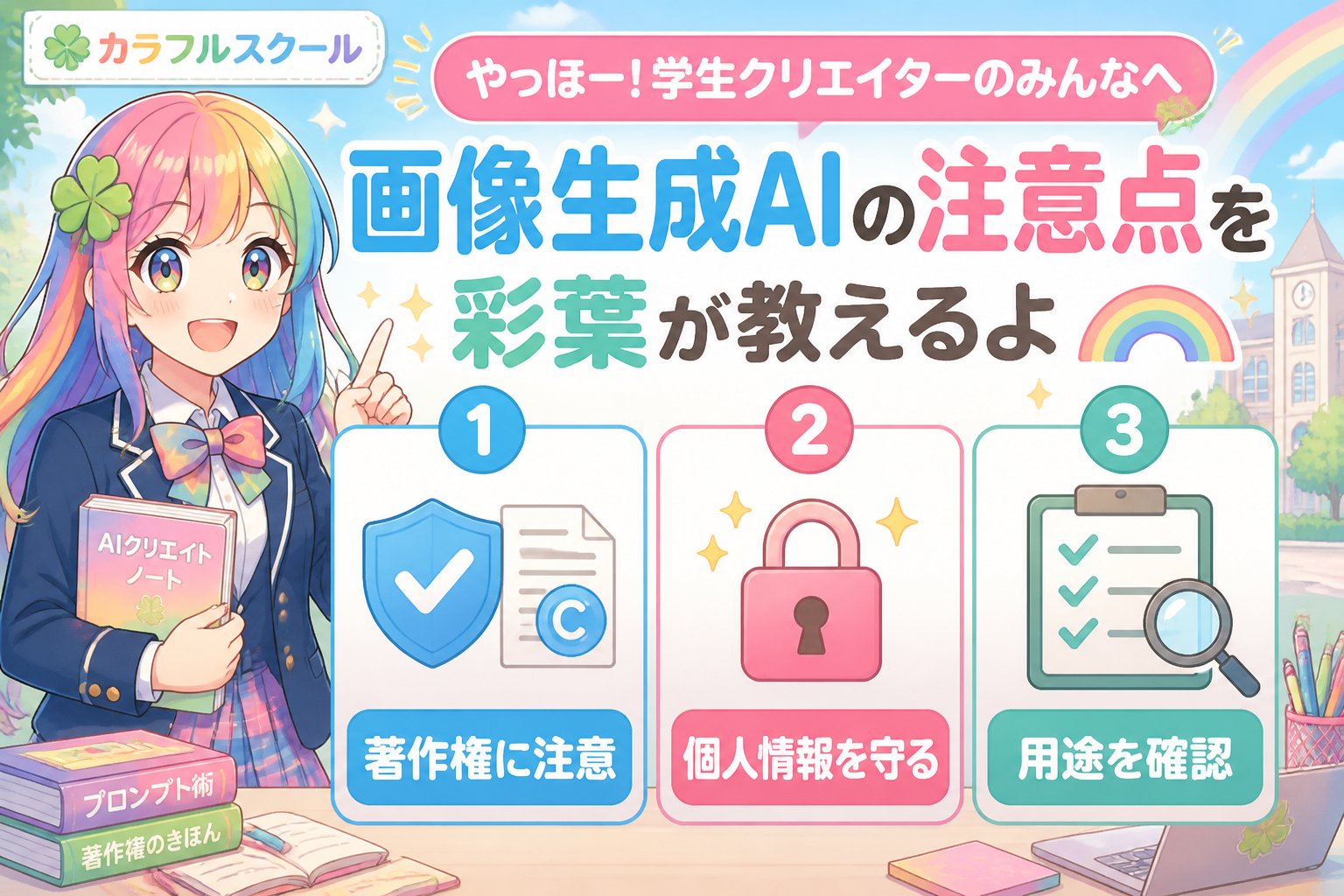 AI画像生成 やっほー！学生クリエイターのみんなへ、画像生成AIの注意点を彩葉が教えるよ🌈