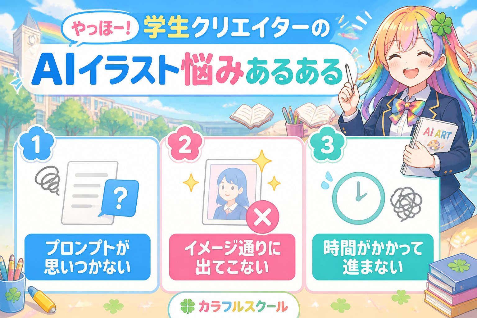 AI画像生成 やっほー!学生クリエイターのAIイラスト悩みあるある🌈