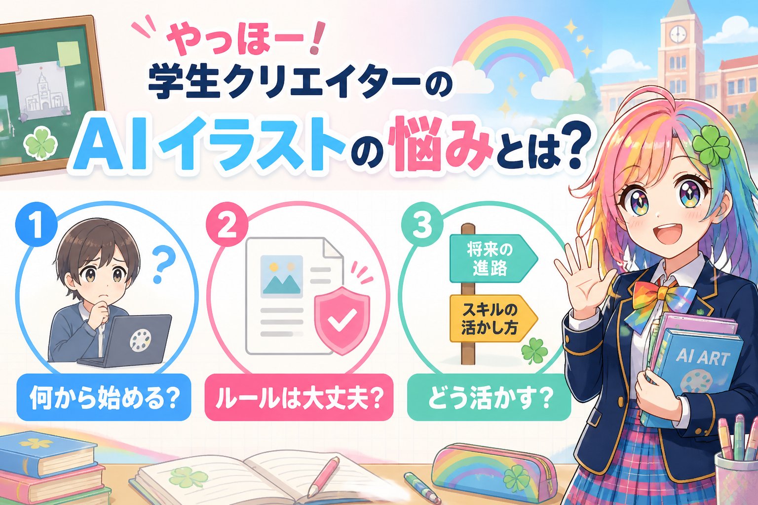 AI画像生成 やっほー！学生クリエイターのAIイラストの悩みとは？🌈