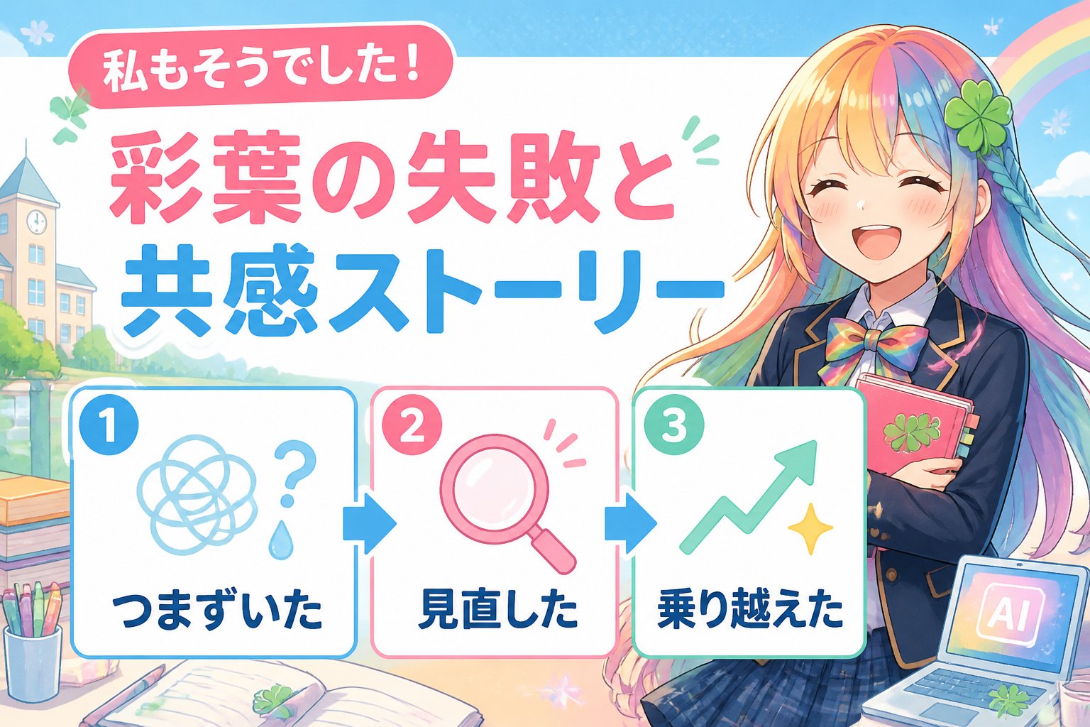 AI画像生成 私もそうでした!彩葉の失敗と共感ストーリー