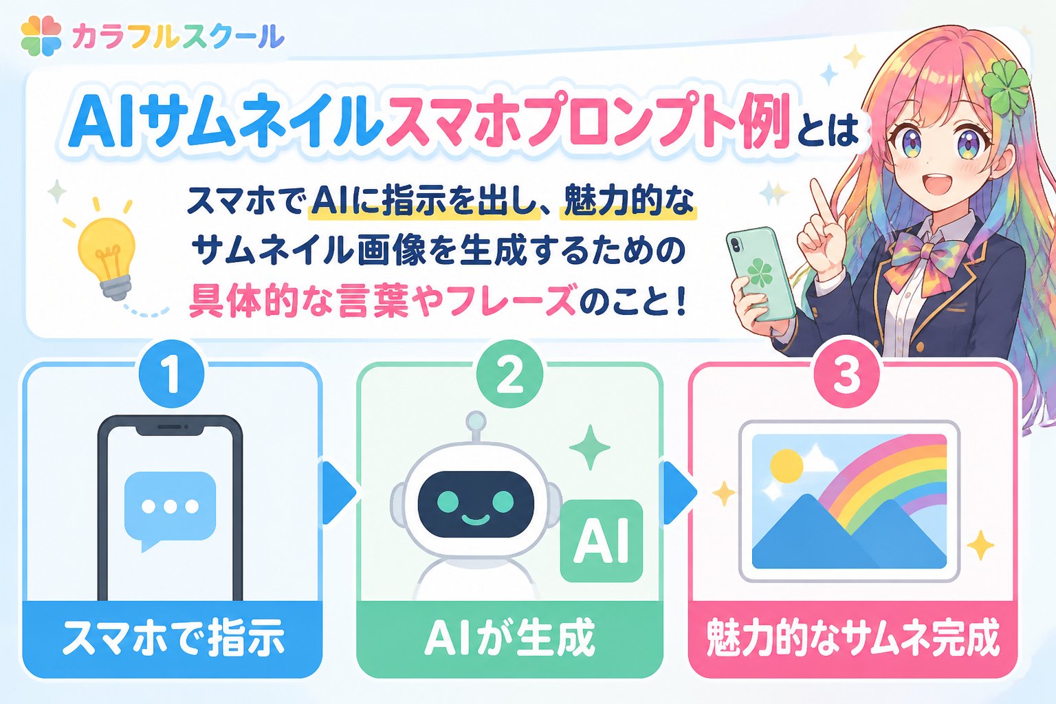 AI画像生成 AIサムネイルスマホプロンプト例とは、スマートフォンを使ってAIに指示を出し、魅力的なサムネイル画像を生成するための具体的な言葉やフレーズのことです。これにより、誰でも手軽に高品質な画像作成が可能になります。