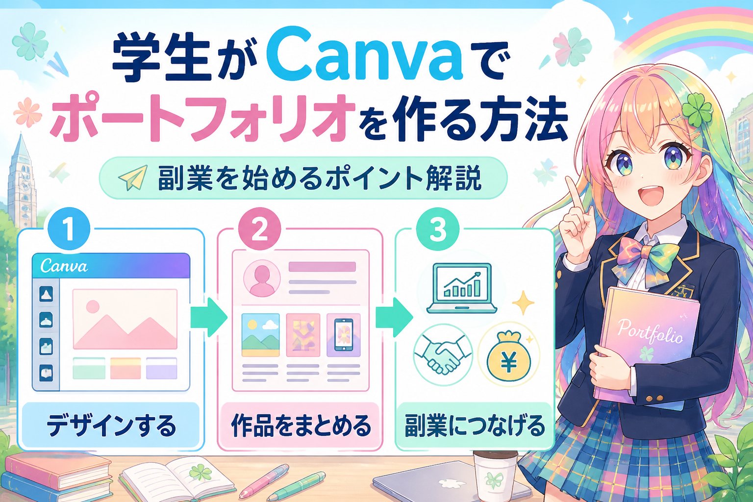 副業・クリエイター Canvaポートフォリオ学生作り方とは、学生がCanvaを活用して自分の作品やスキルを効果的にまとめる方法のことです。副業を始める際にも役立つポートフォリオ作成のポイントを解説します。