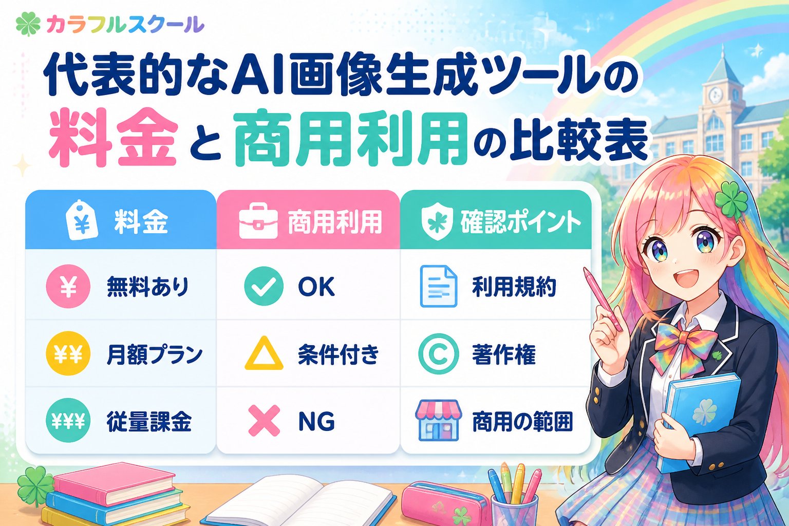 AI画像生成 代表的なAI画像生成ツールの料金と商用利用の比較表