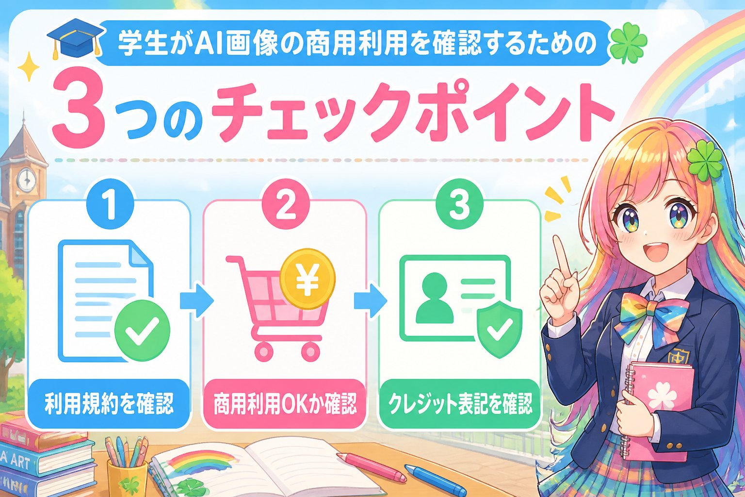 AI画像生成 学生がAI画像の商用利用を確認するための具体的なチェックポイント