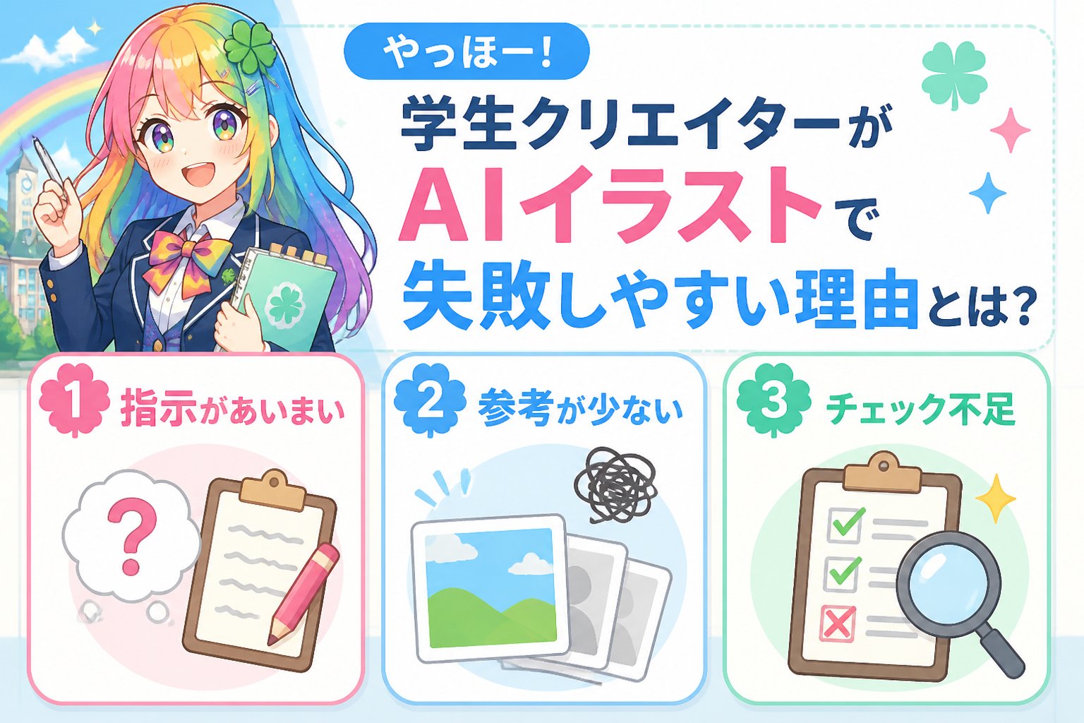 AI画像生成 やっほー！学生クリエイターがAIイラストで失敗しやすい理由とは？