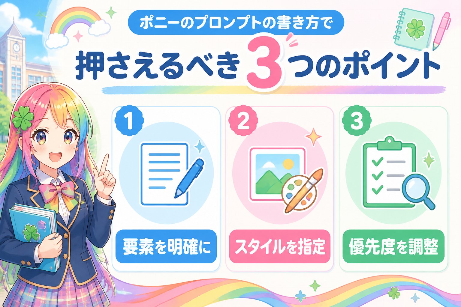AI画像生成 ponyのプロンプトの書き方で押さえるべき3つのポイント